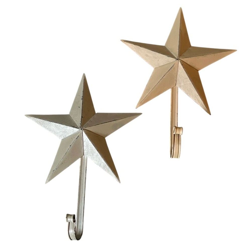 Rustic Distressed 3D Dimensional Metal Star Wall Hooks Gray Tan Hanging Decor